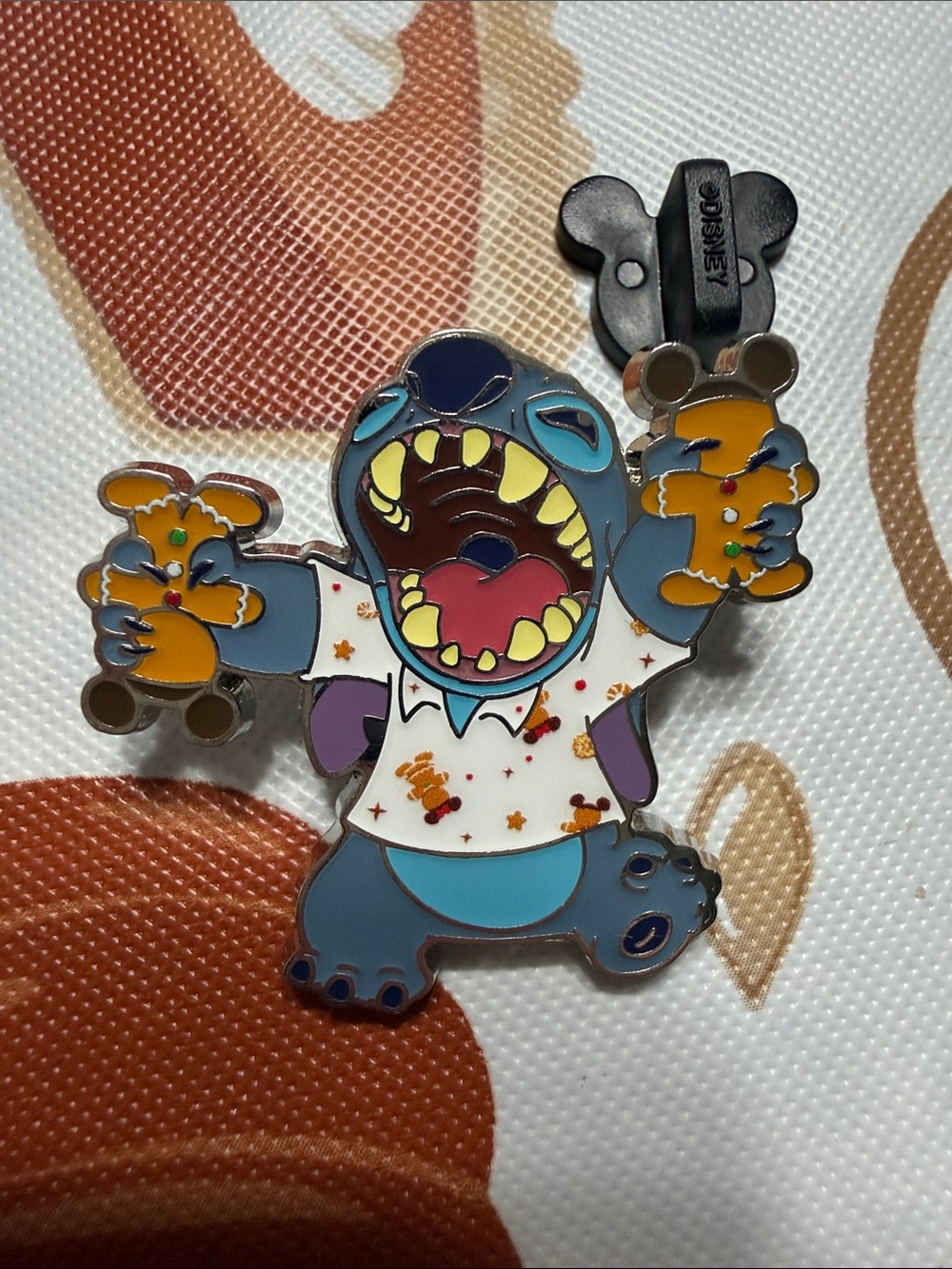 Disney Blue Stitch Enamel Pin Holding gingerbread Bears